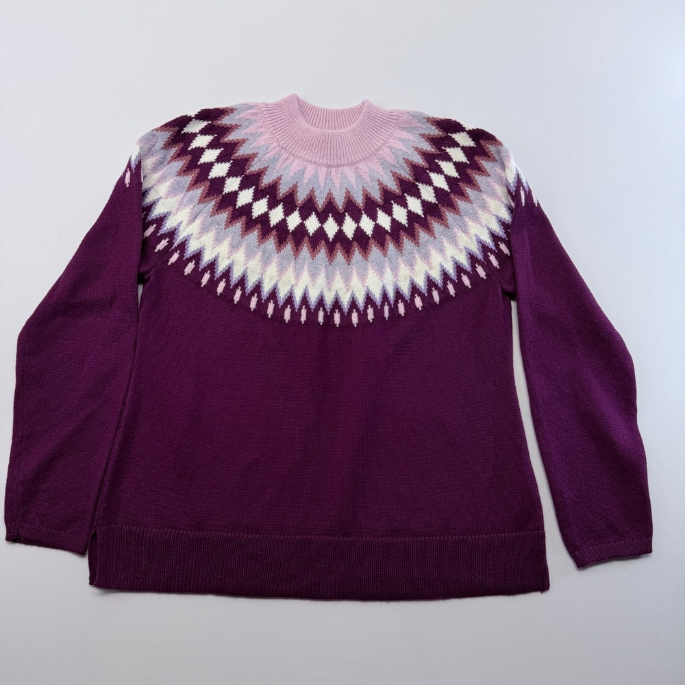 Talbots Petite PL Purple Fair Isle Mock Neck Knit Sweater